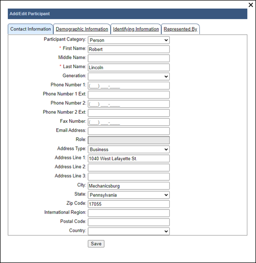 The Contact Information tab within the Add/Edit Participants screen.